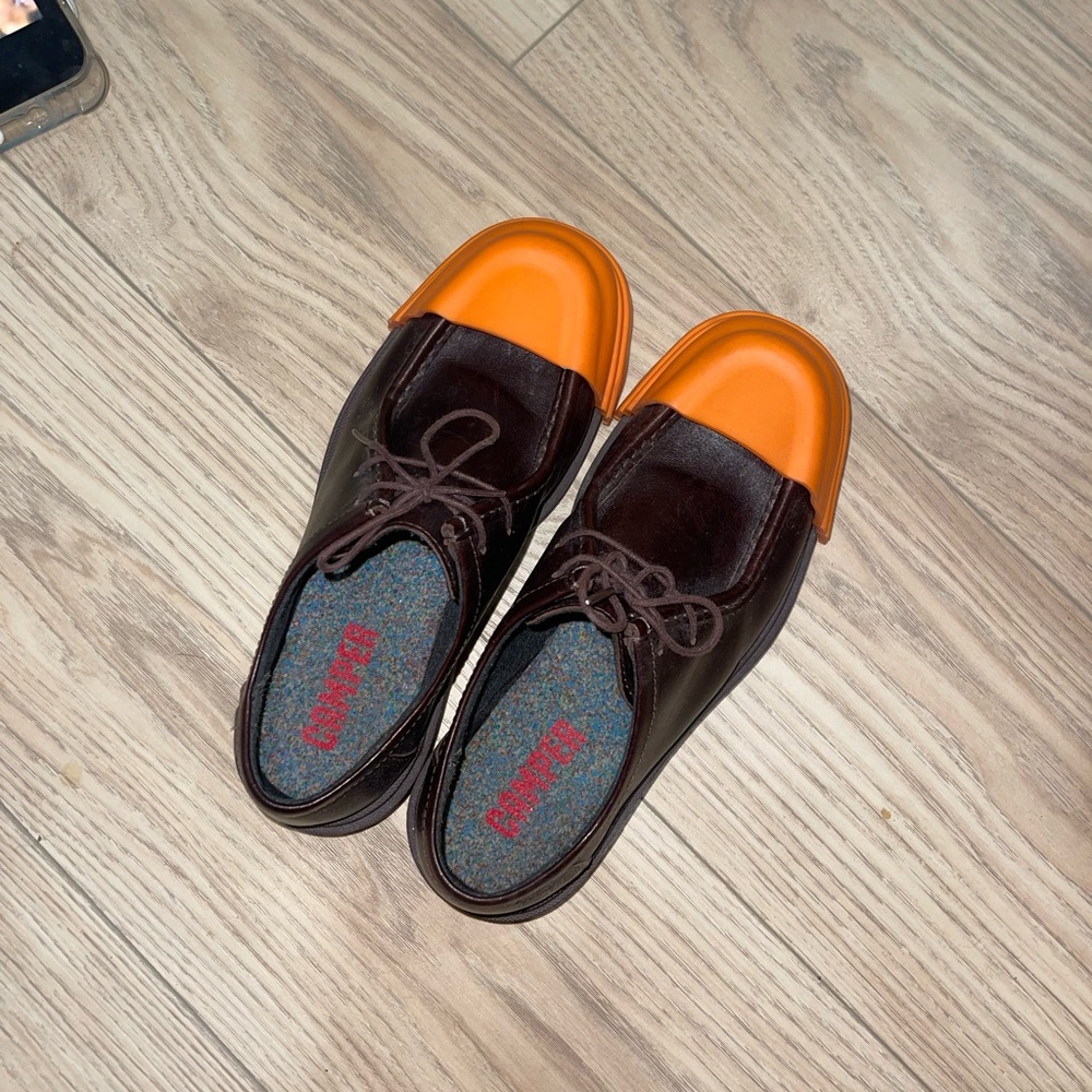 Camper Brown and Orange Moccasins with Bold Two-Tone Design